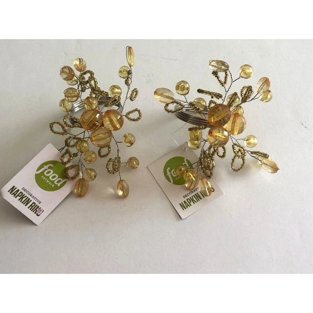 Food Network Napkin Rings Set Of 2 Thanksgiving Amber Gold Beaded Spray Silver